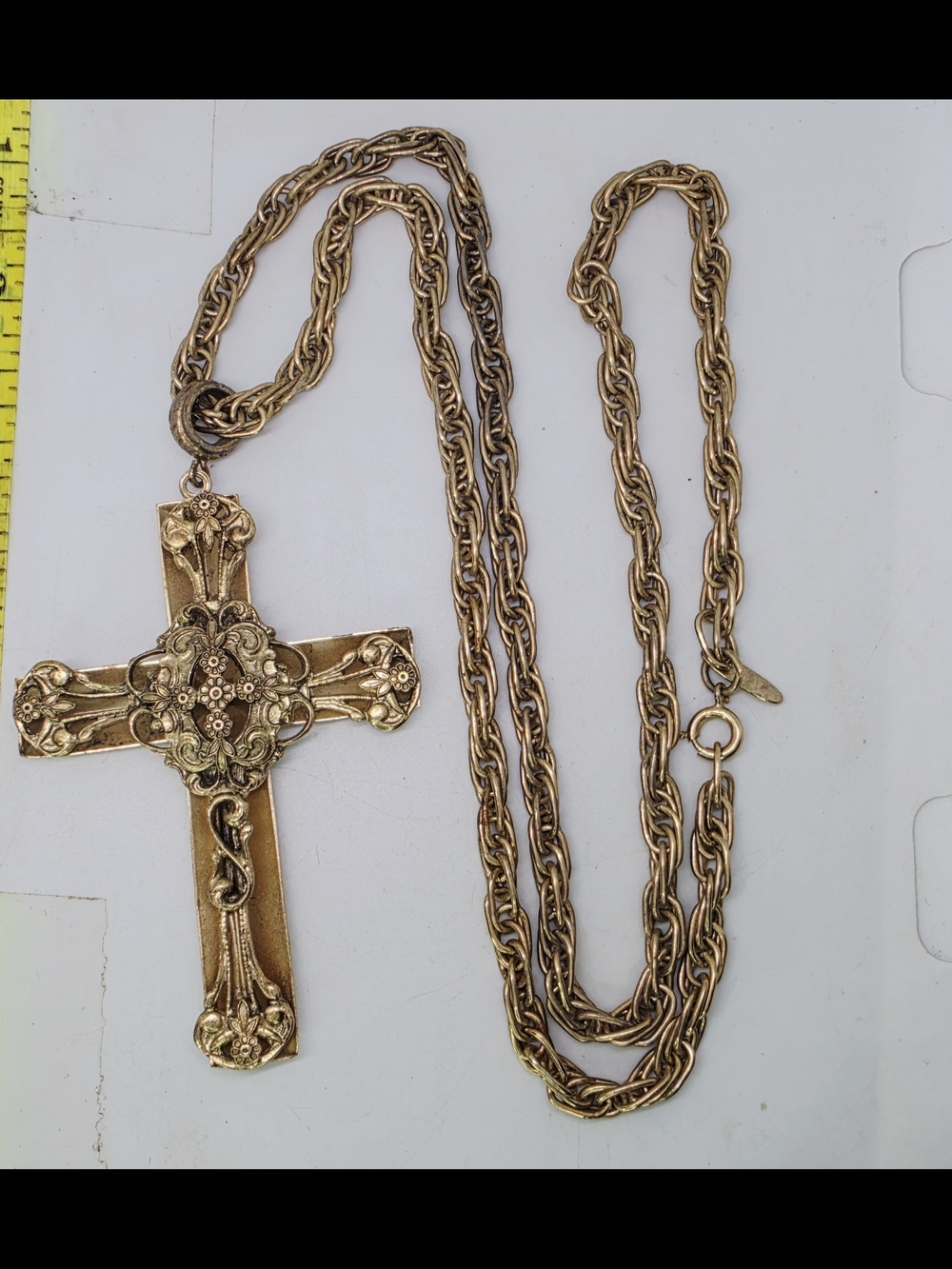 Vintage Whiting & Davis Large Ornate Cross Pendant On Chunky Chain Necklace